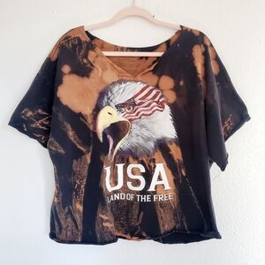 USA Land of the Free Eagle Custom One of a Kind Distressed Bleached Cropped OS
